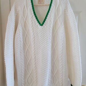 Vintage Handmade Handknit Fisherman Cable Wool V-Neck Sweater Size 48 Chunky